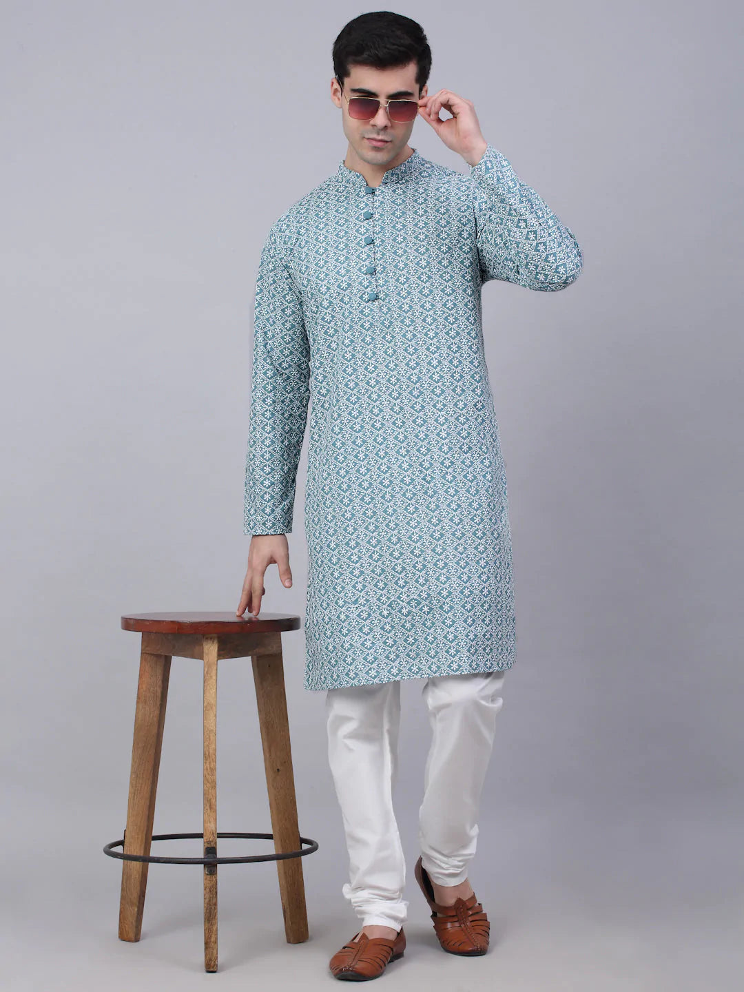 Jompers Men's Teal Blue & White embroidered Straight Kurta - Distacart