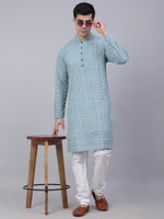 Thumbnail for Jompers Men's Teal Blue & White embroidered Straight Kurta - Distacart