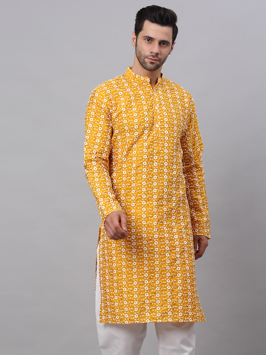 Jompers Men's Mustard Embroidered Dupion Silk Kurta - Distacart