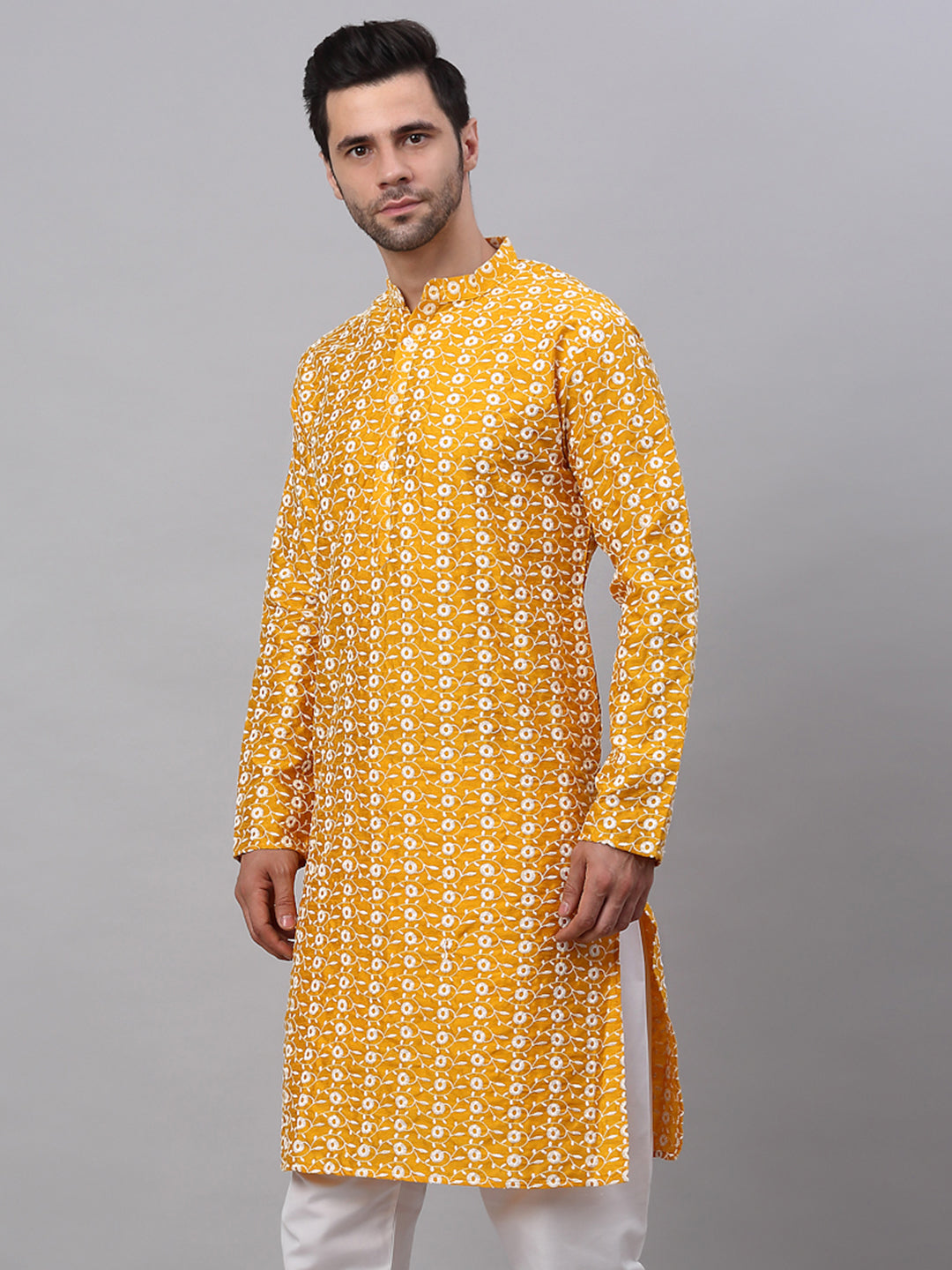 Jompers Men's Mustard Embroidered Dupion Silk Kurta - Distacart