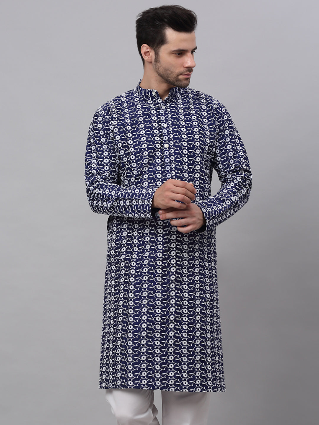 Jompers Men's Navy Blue Embroidered Dupion Silk Kurta - Distacart