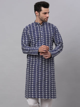 Jompers Men's Navy Blue Embroidered Dupion Silk Kurta - Distacart