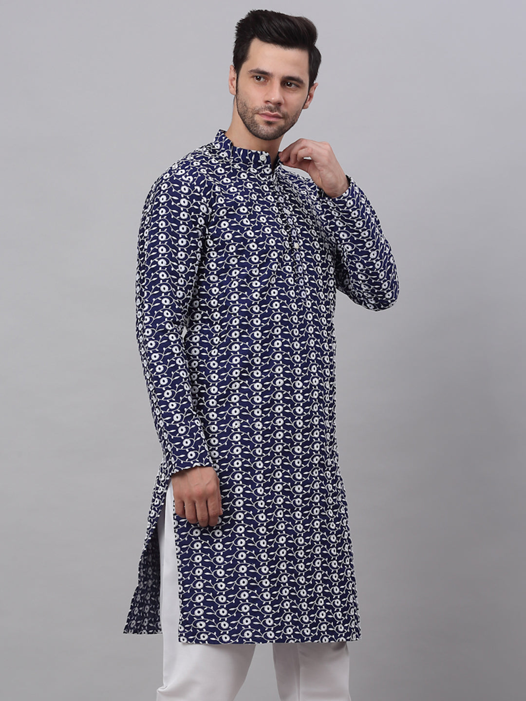 Jompers Men's Navy Blue Embroidered Dupion Silk Kurta - Distacart