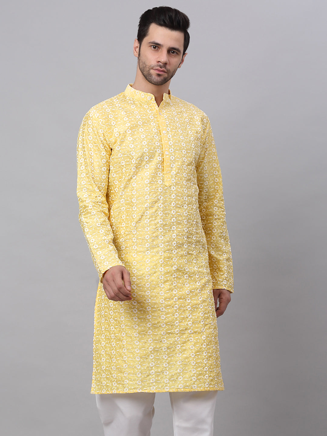 Jompers Men's Yellow Embroidered Dupion Silk Kurta - Distacart
