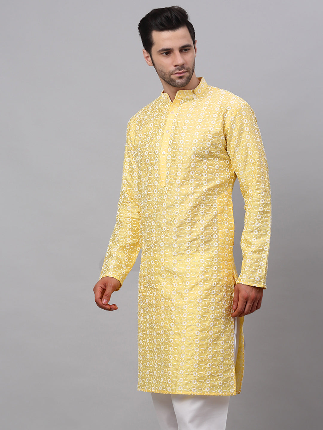 Jompers Men's Yellow Embroidered Dupion Silk Kurta - Distacart