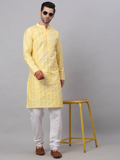Jompers Men's Yellow Embroidered Dupion Silk Kurta - Distacart