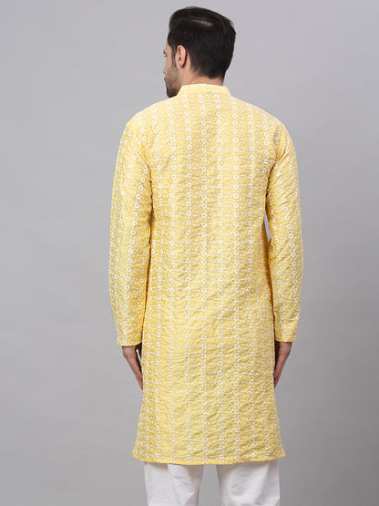 Jompers Men's Yellow Embroidered Dupion Silk Kurta - Distacart
