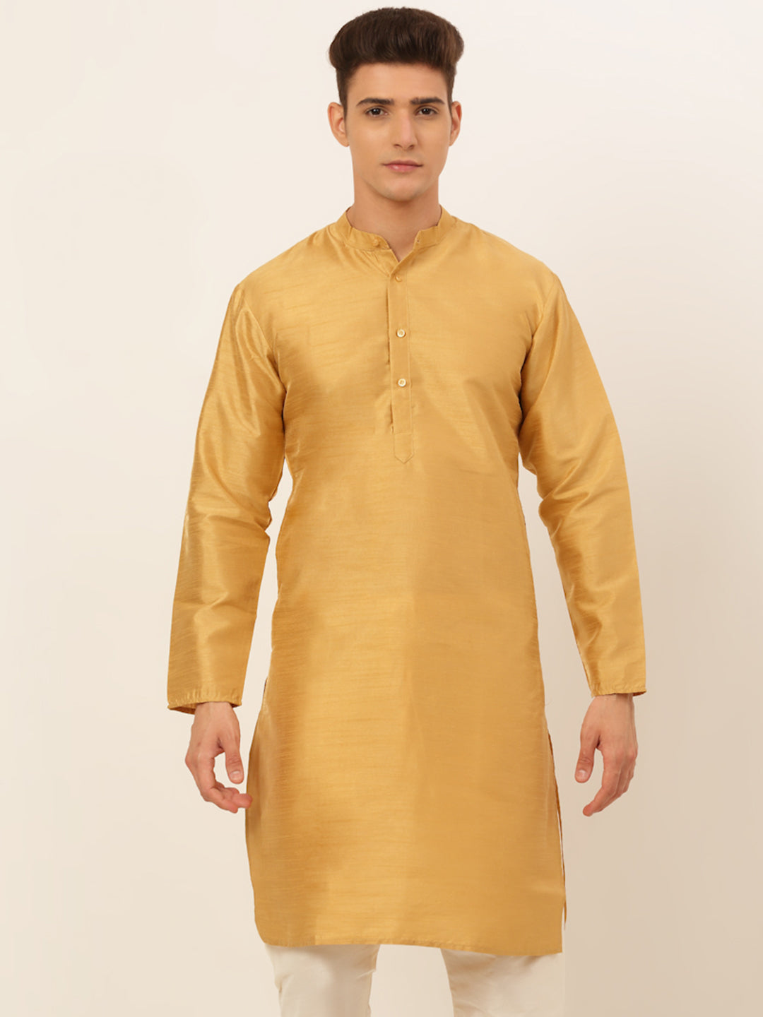 Jompers Men's Solid Dupion Silk Kurta - Dark-Golden - Distacart