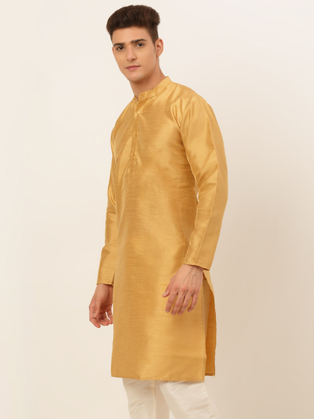 Jompers Men's Solid Dupion Silk Kurta - Dark-Golden - Distacart