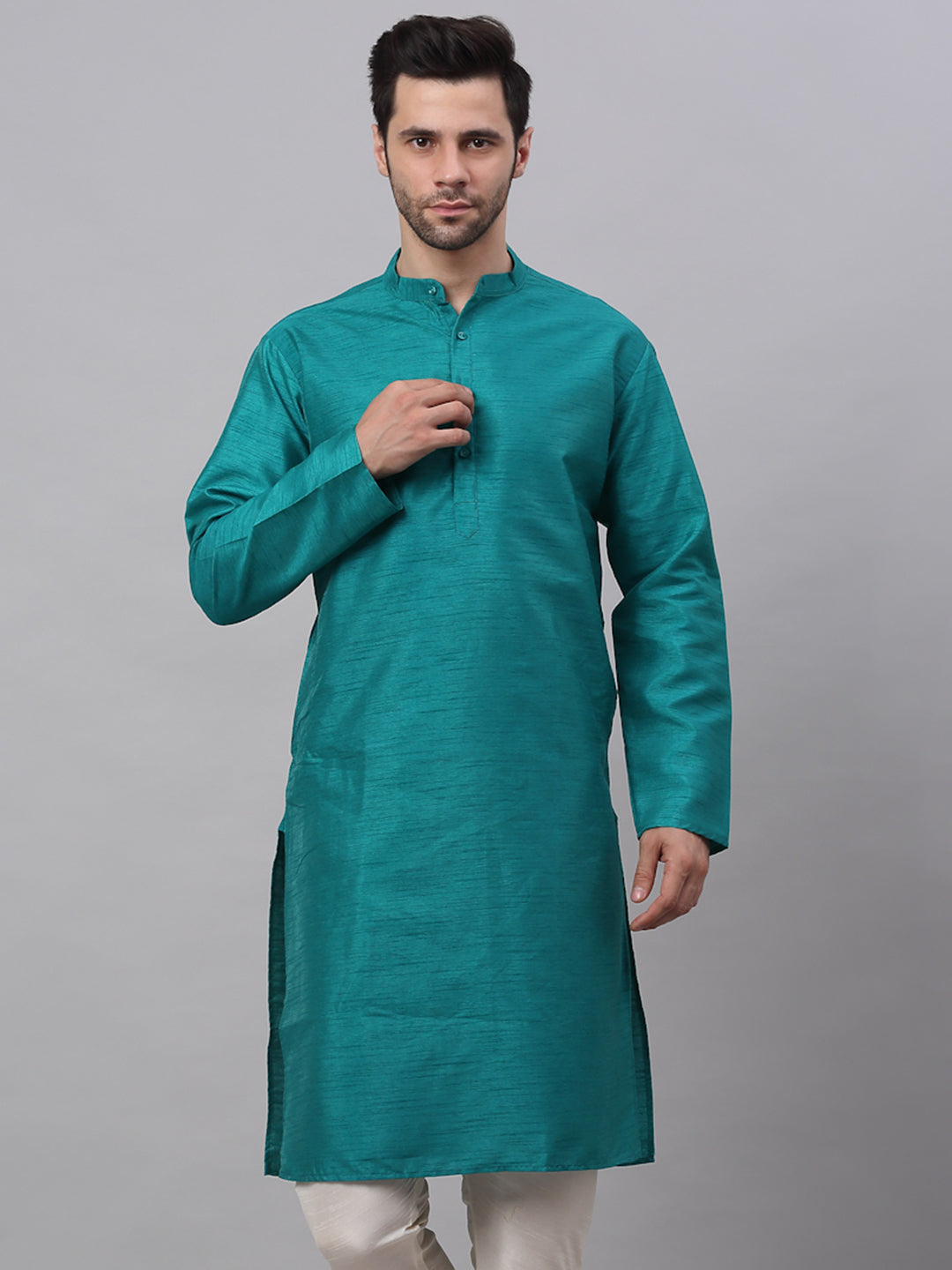 Jompers Men's Solid Dupion Silk Kurta - Teal - Distacart