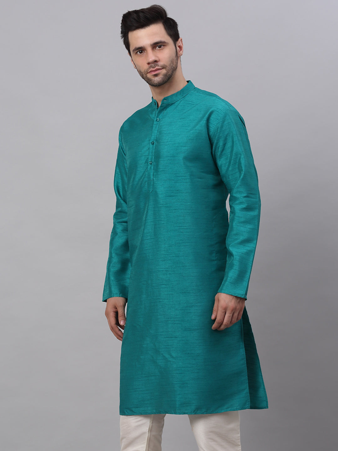 Jompers Men's Solid Dupion Silk Kurta - Teal - Distacart