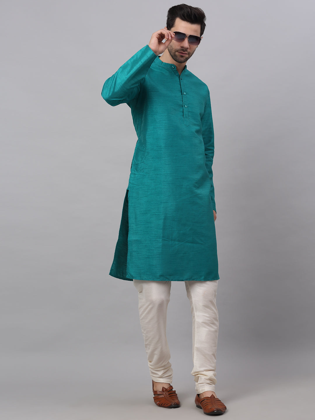 Jompers Men's Solid Dupion Silk Kurta - Teal - Distacart