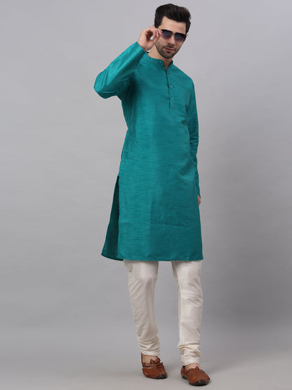 Jompers Men's Solid Dupion Silk Kurta - Teal - Distacart