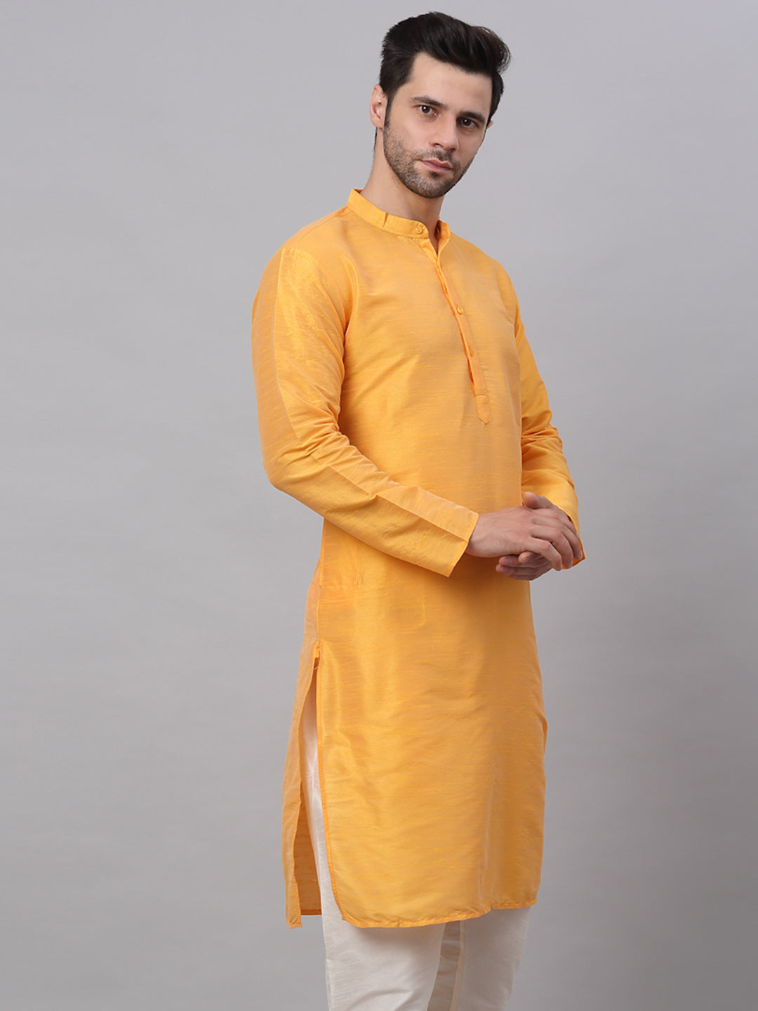 Jompers Men's Solid Dupion Silk Kurta - Yellow - Distacart