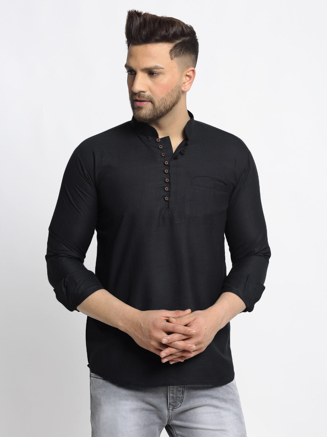 Jompers Men's Cotton Solid Short Kurta - Black - Distacart
