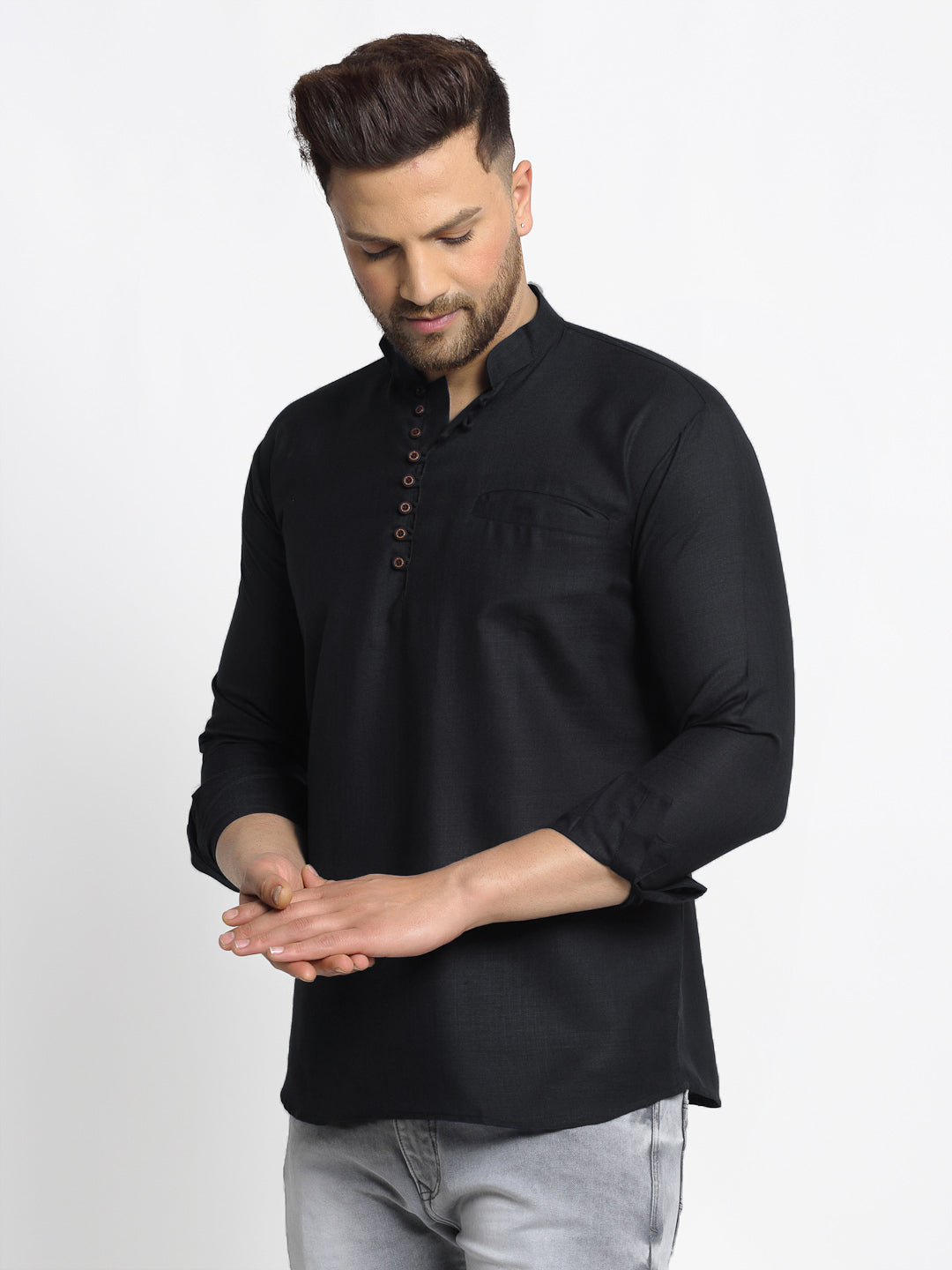 Jompers Men's Cotton Solid Short Kurta - Black - Distacart