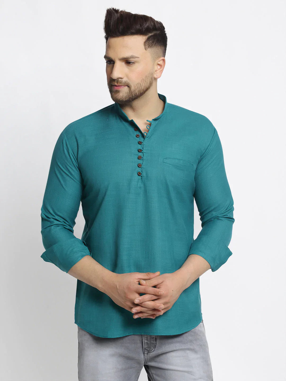 Jompers Men's Green Solid Cotton Short Kurta - Distacart
