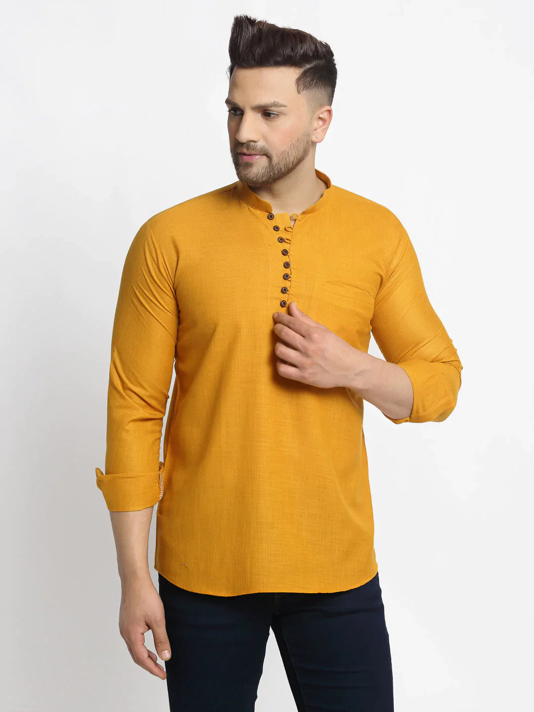 Jompers Men's Mustard Solid Cotton Short Kurta - Distacart