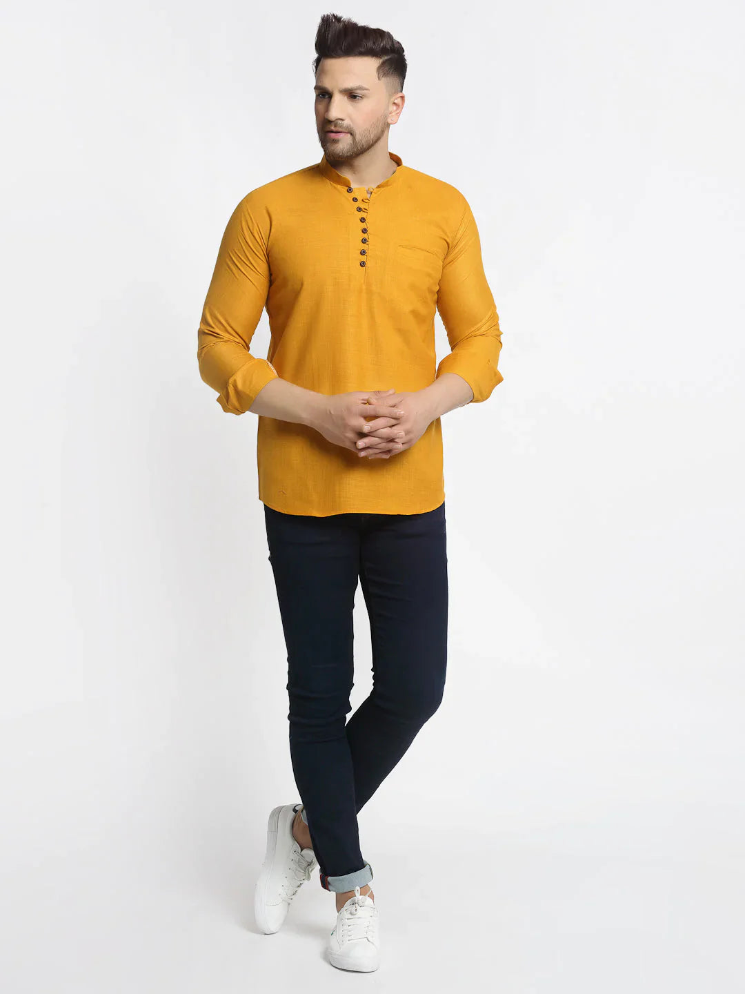 Jompers Men's Mustard Solid Cotton Short Kurta - Distacart