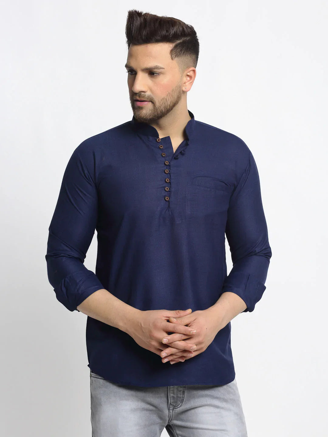 Jompers Men's Navy Blue Solid Cotton Short Kurta - Distacart