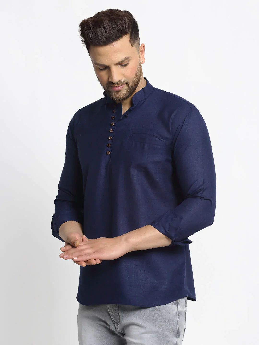 Jompers Men's Navy Blue Solid Cotton Short Kurta - Distacart