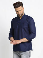 Thumbnail for Jompers Men's Navy Blue Solid Cotton Short Kurta - Distacart
