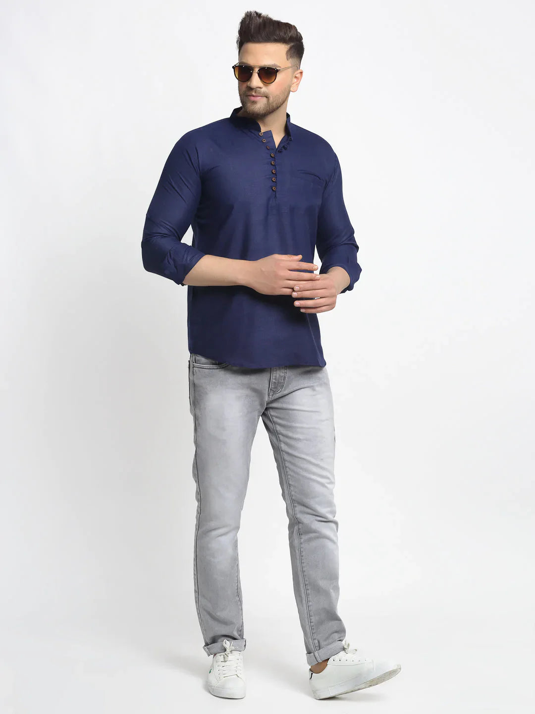 Jompers Men's Navy Blue Solid Cotton Short Kurta - Distacart