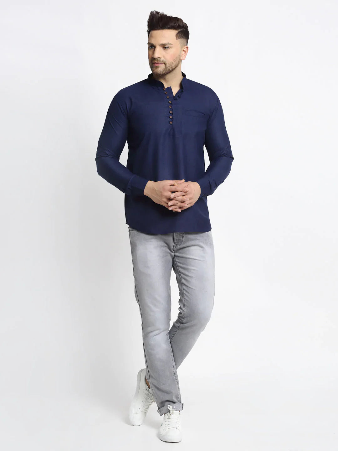 Jompers Men's Navy Blue Solid Cotton Short Kurta - Distacart