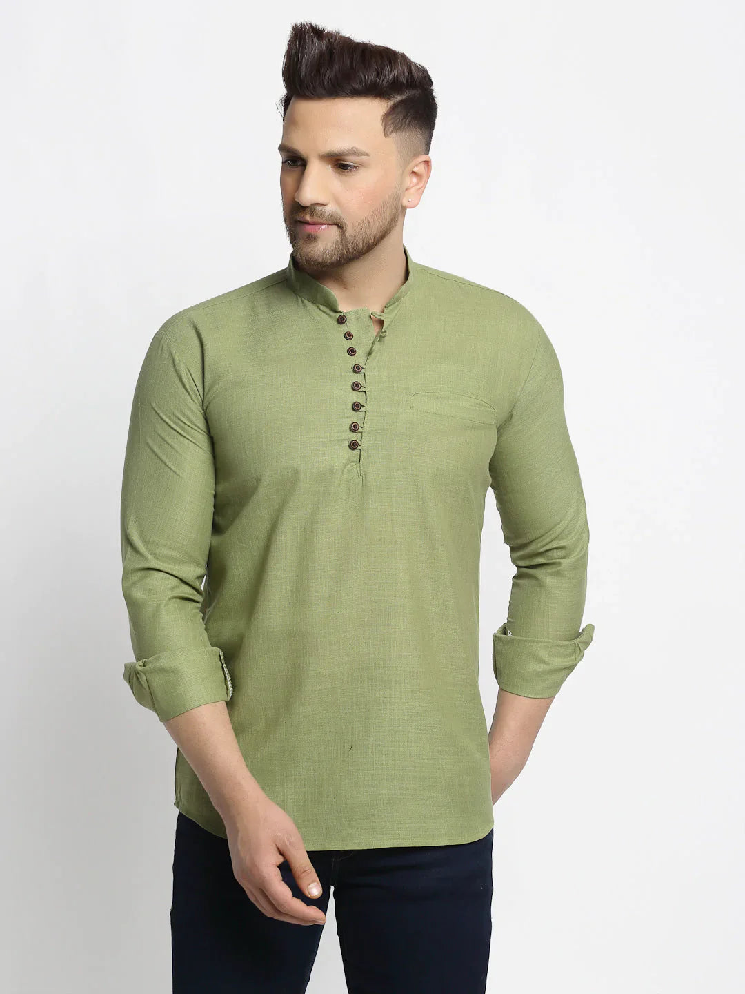 Jompers Men's Olive Green Solid Cotton Short Kurta - Distacart