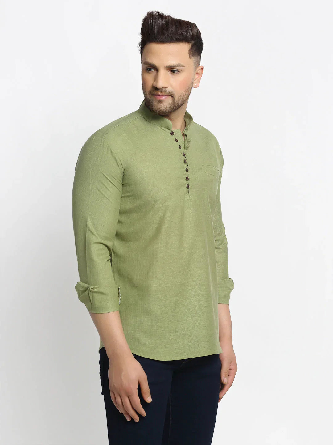Jompers Men's Olive Green Solid Cotton Short Kurta - Distacart