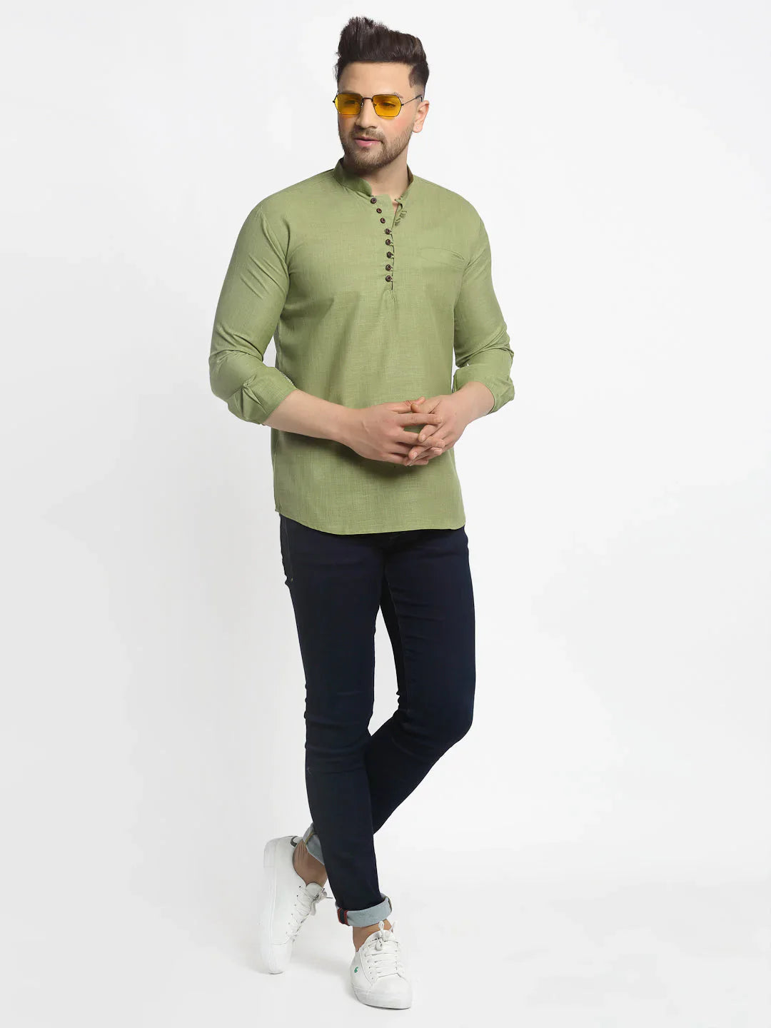 Jompers Men's Olive Green Solid Cotton Short Kurta - Distacart