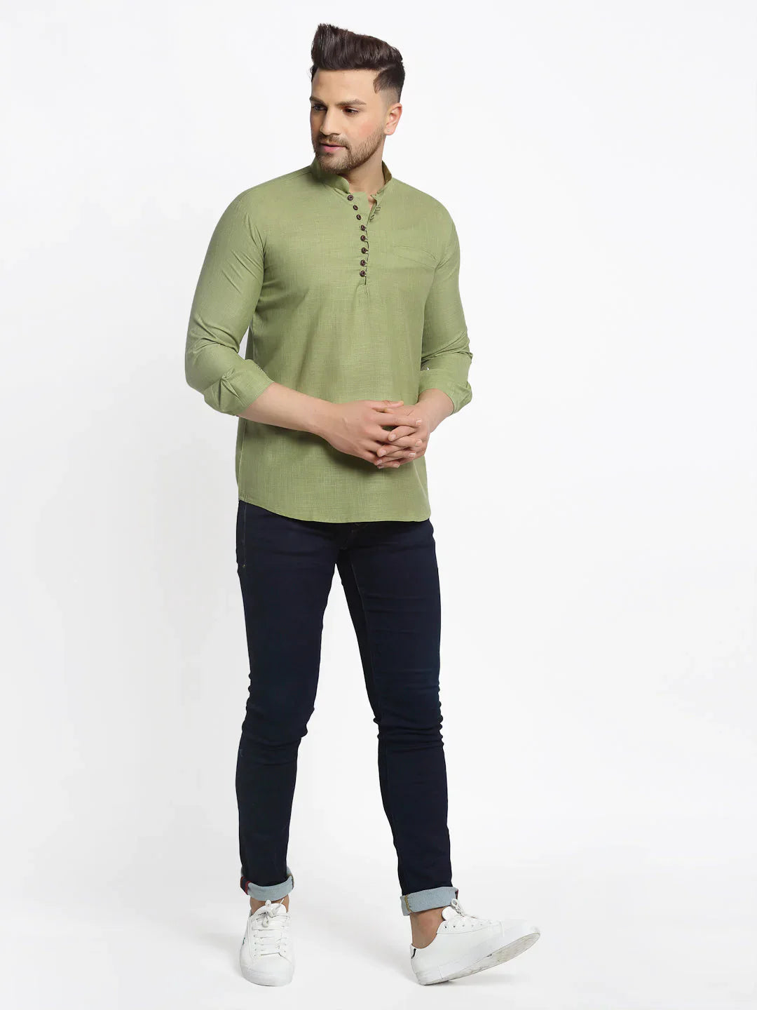 Jompers Men's Olive Green Solid Cotton Short Kurta - Distacart