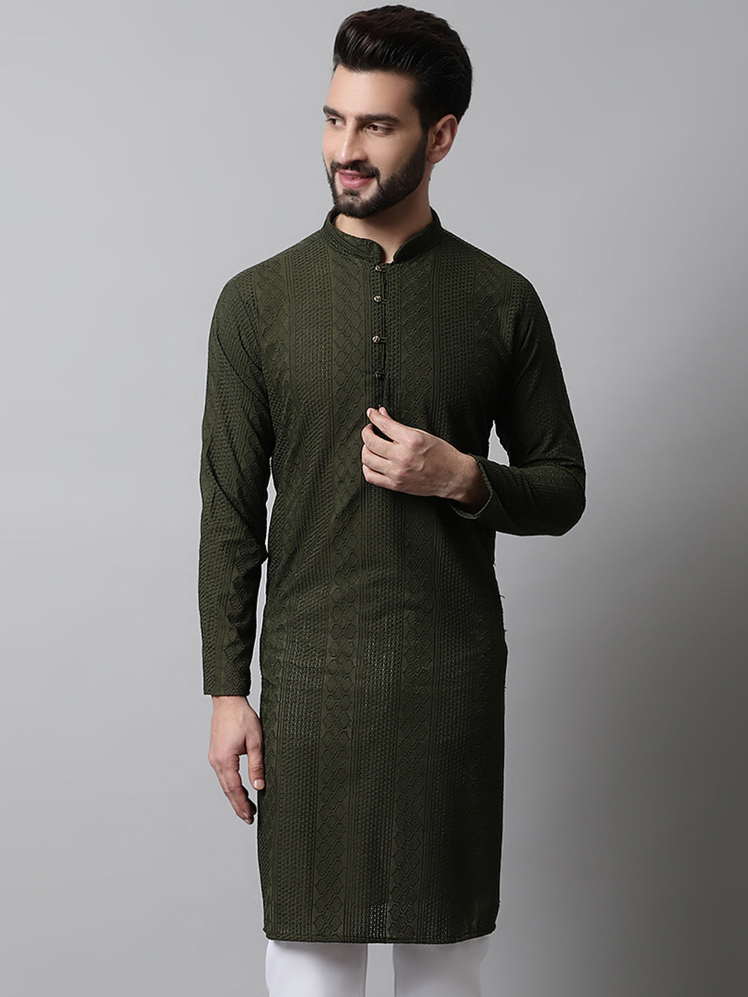 Jompers Men's Embroiderd Kurta - Olive - Distacart