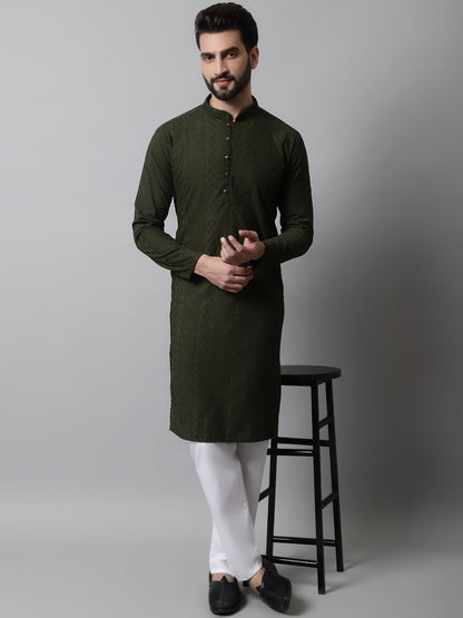 Jompers Men's Embroiderd Kurta - Olive - Distacart