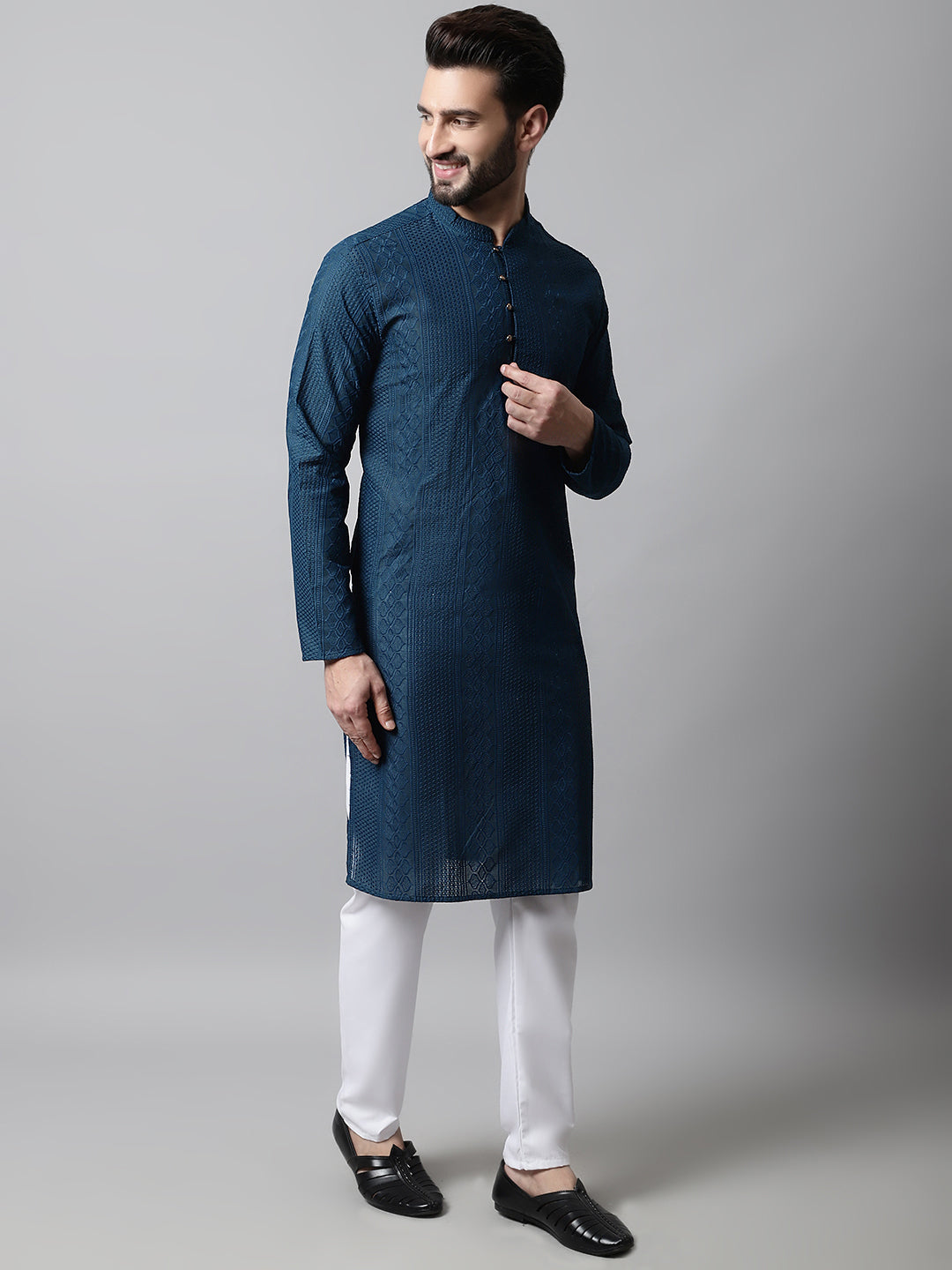 Jompers Men's Embroiderd Kurta - Teal - Distacart