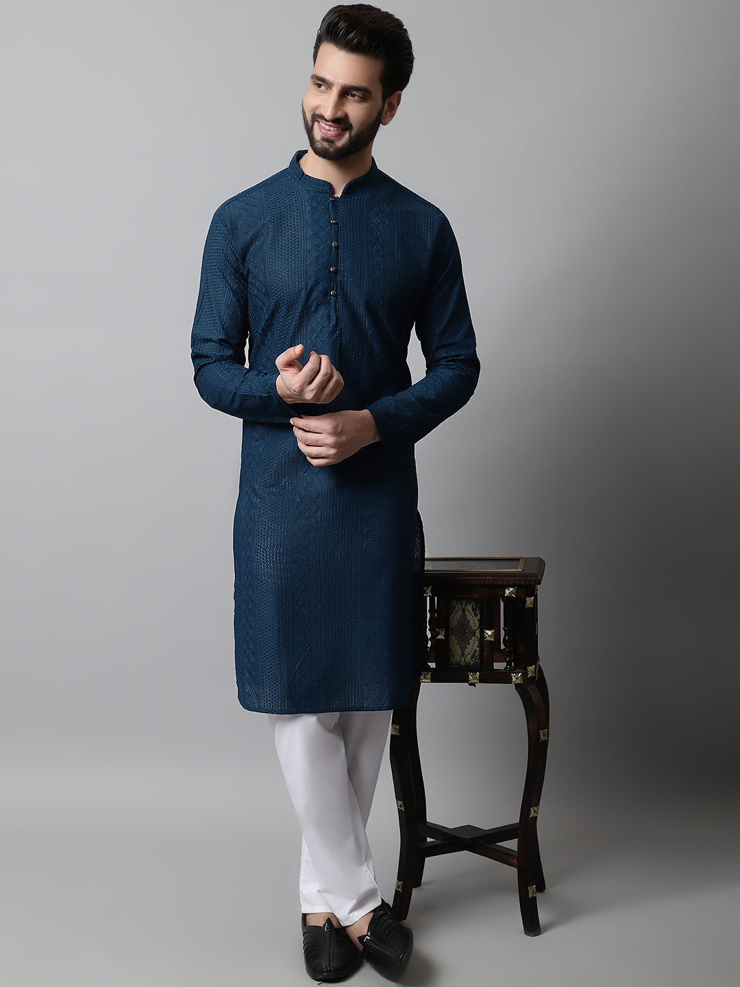 Jompers Men's Embroiderd Kurta - Teal - Distacart