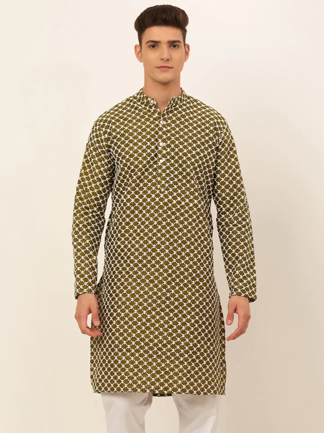 Jompers Men's Olive Green Chikankari Kurta Only - Distacart