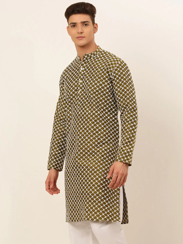 Jompers Men's Olive Green Chikankari Kurta Only - Distacart