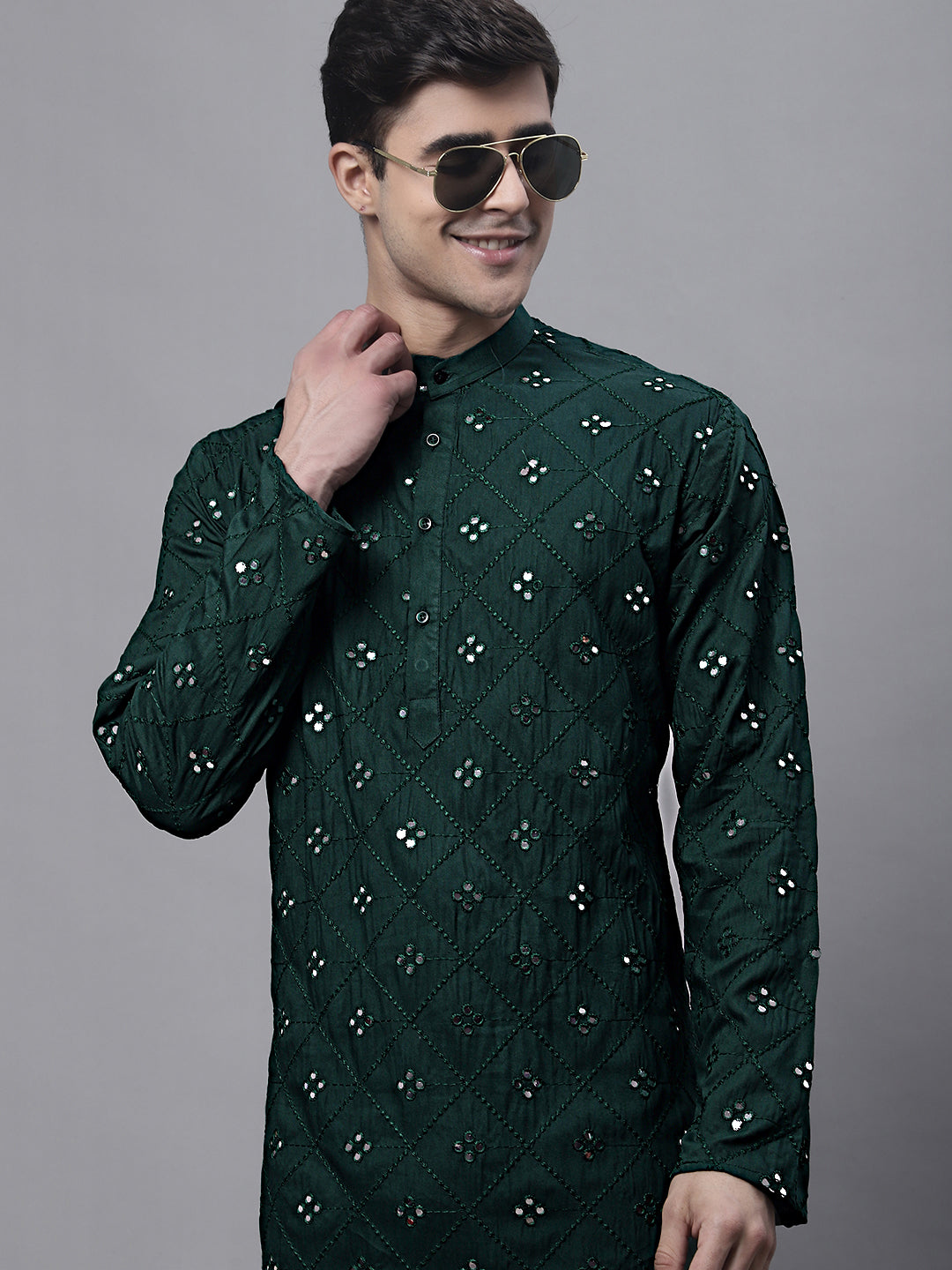 Jompers Men's Olive Green Embroidered Mirror Work Kurta - Distacart