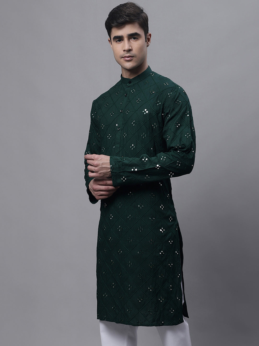 Jompers Men's Olive Green Embroidered Mirror Work Kurta - Distacart