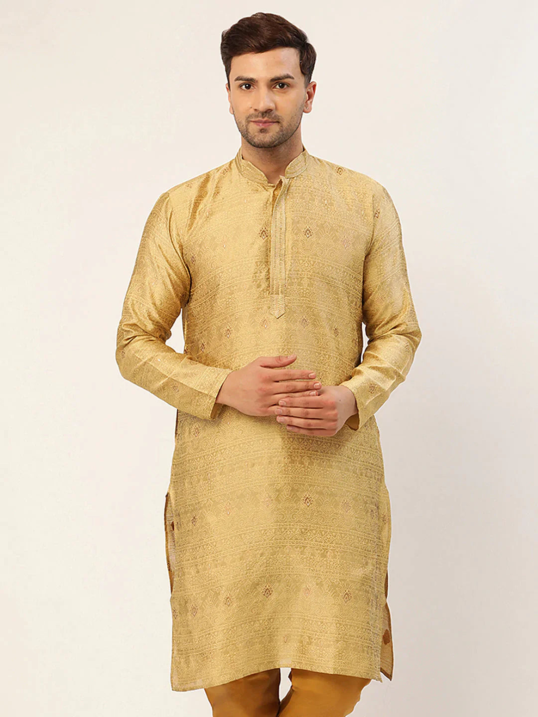 Jompers Men's Beige Coller Embroidered Woven Design Kurta Only - Distacart
