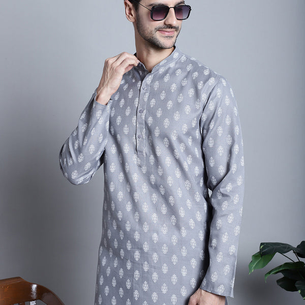 Jompers Men's Cotton Floral printed Kurta Only - Dark-Grey - Distacart