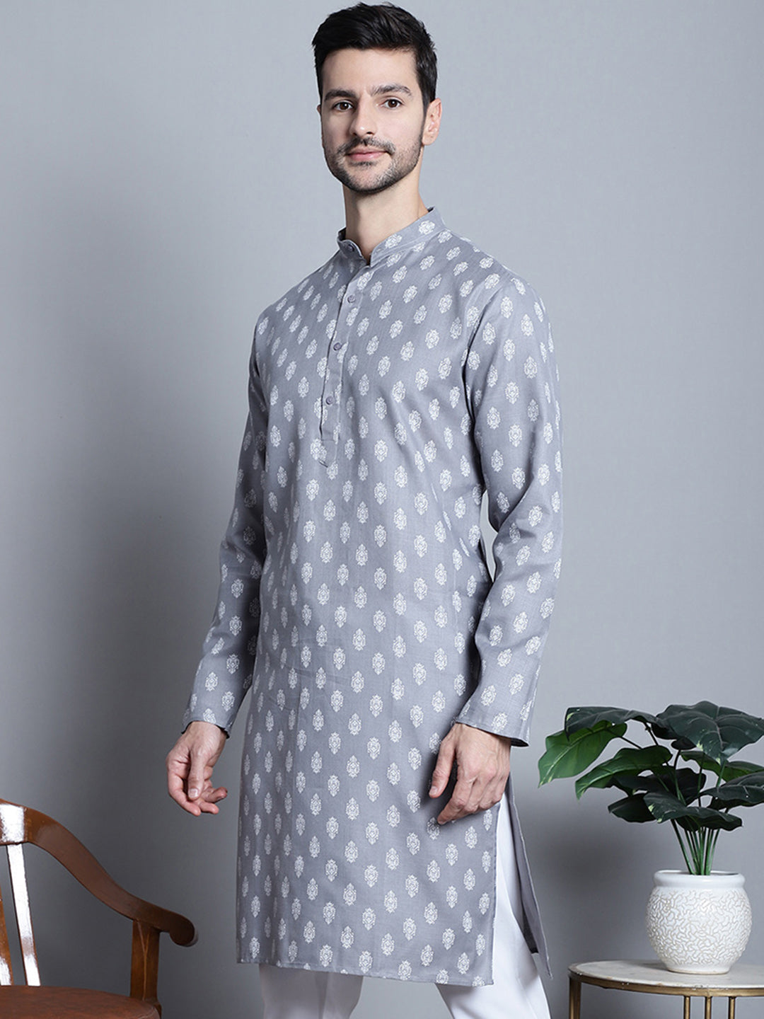 Jompers Men's Cotton Floral printed Kurta Only - Dark-Grey - Distacart