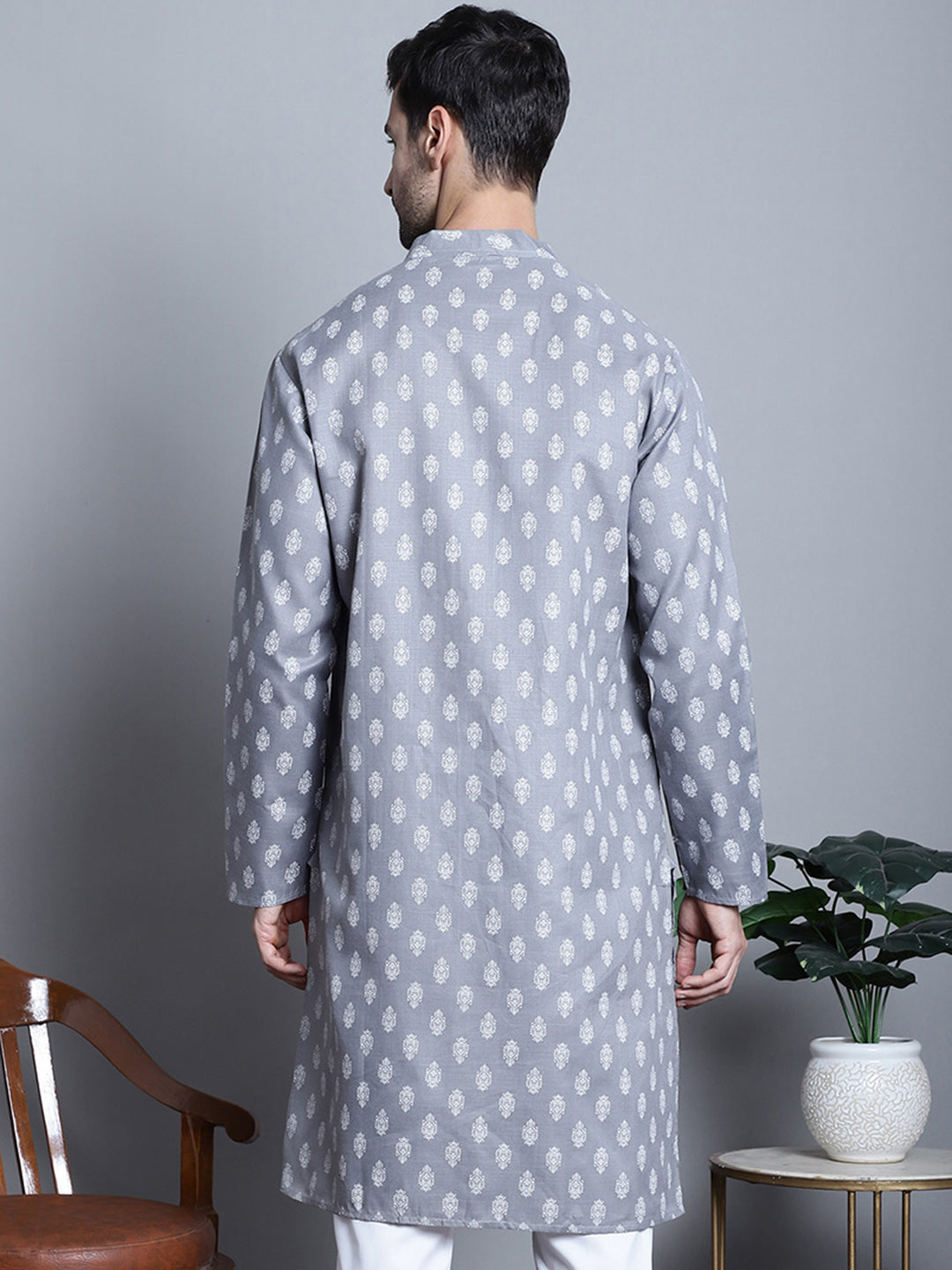 Jompers Men's Cotton Floral printed Kurta Only - Dark-Grey - Distacart