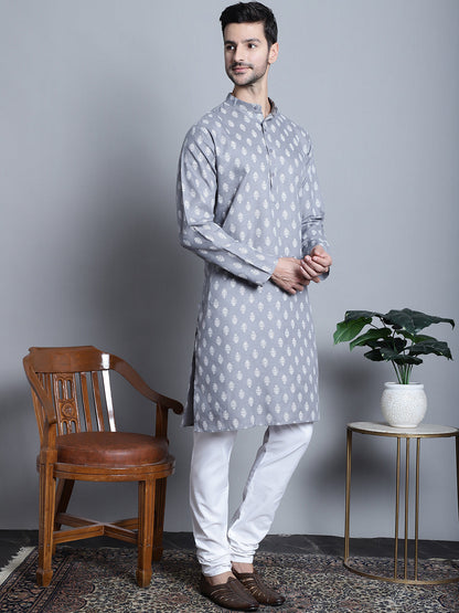 Jompers Men's Cotton Floral printed Kurta Only - Dark-Grey - Distacart
