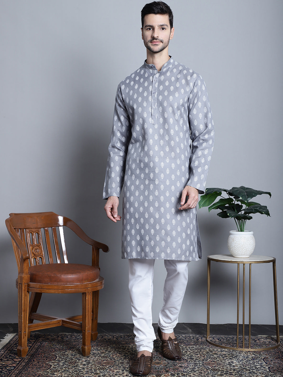 Jompers Men's Cotton Floral printed Kurta Only - Dark-Grey - Distacart