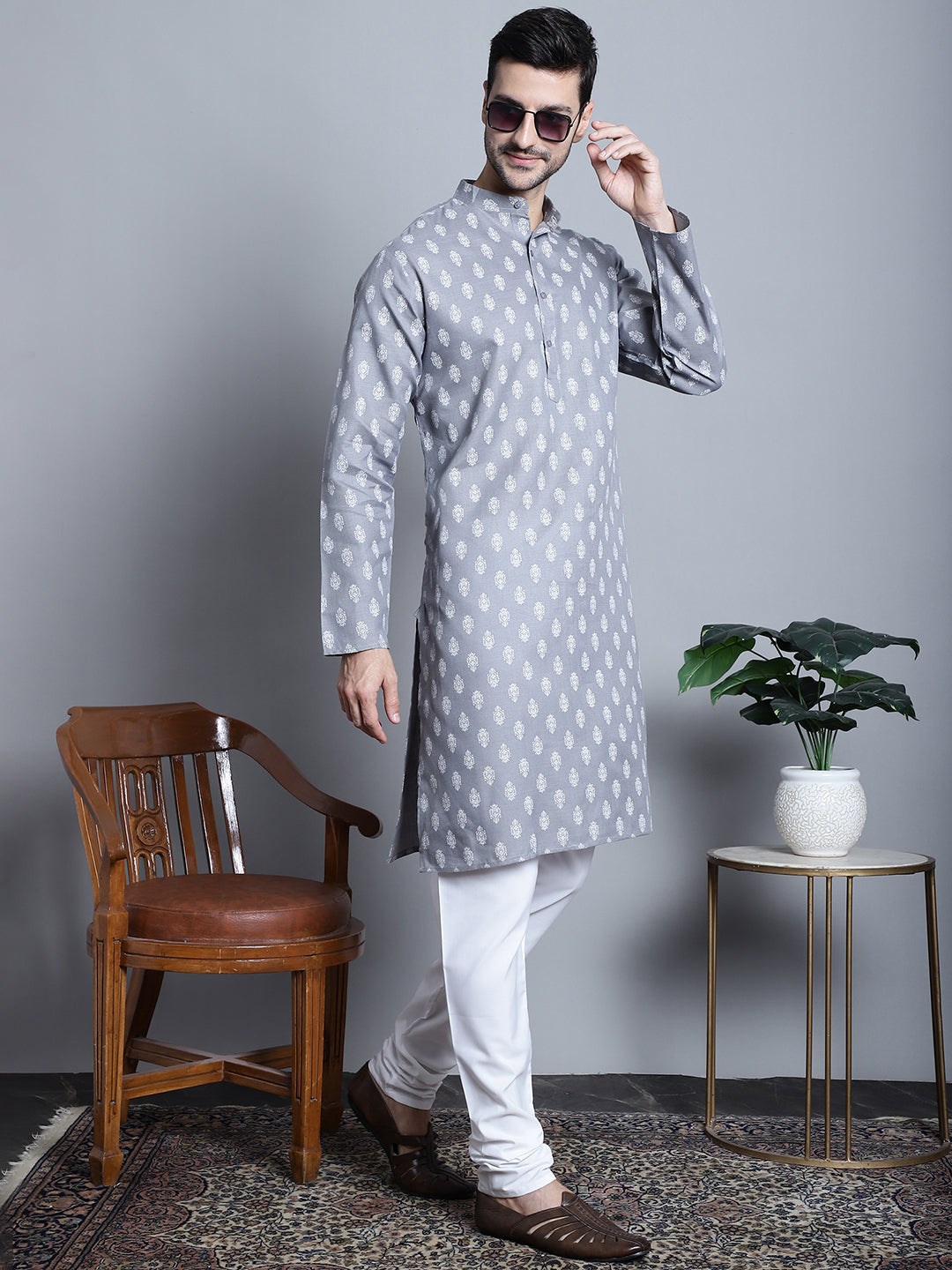 Jompers Men's Cotton Floral printed Kurta Only - Dark-Grey - Distacart