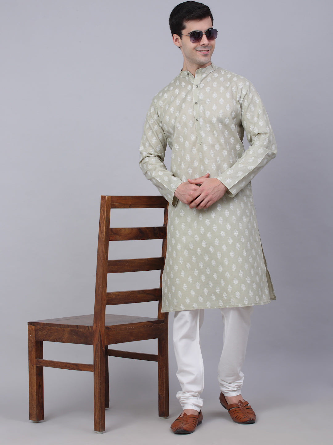 Jompers Men's Cotton Floral printed Kurta - Grey - Distacart