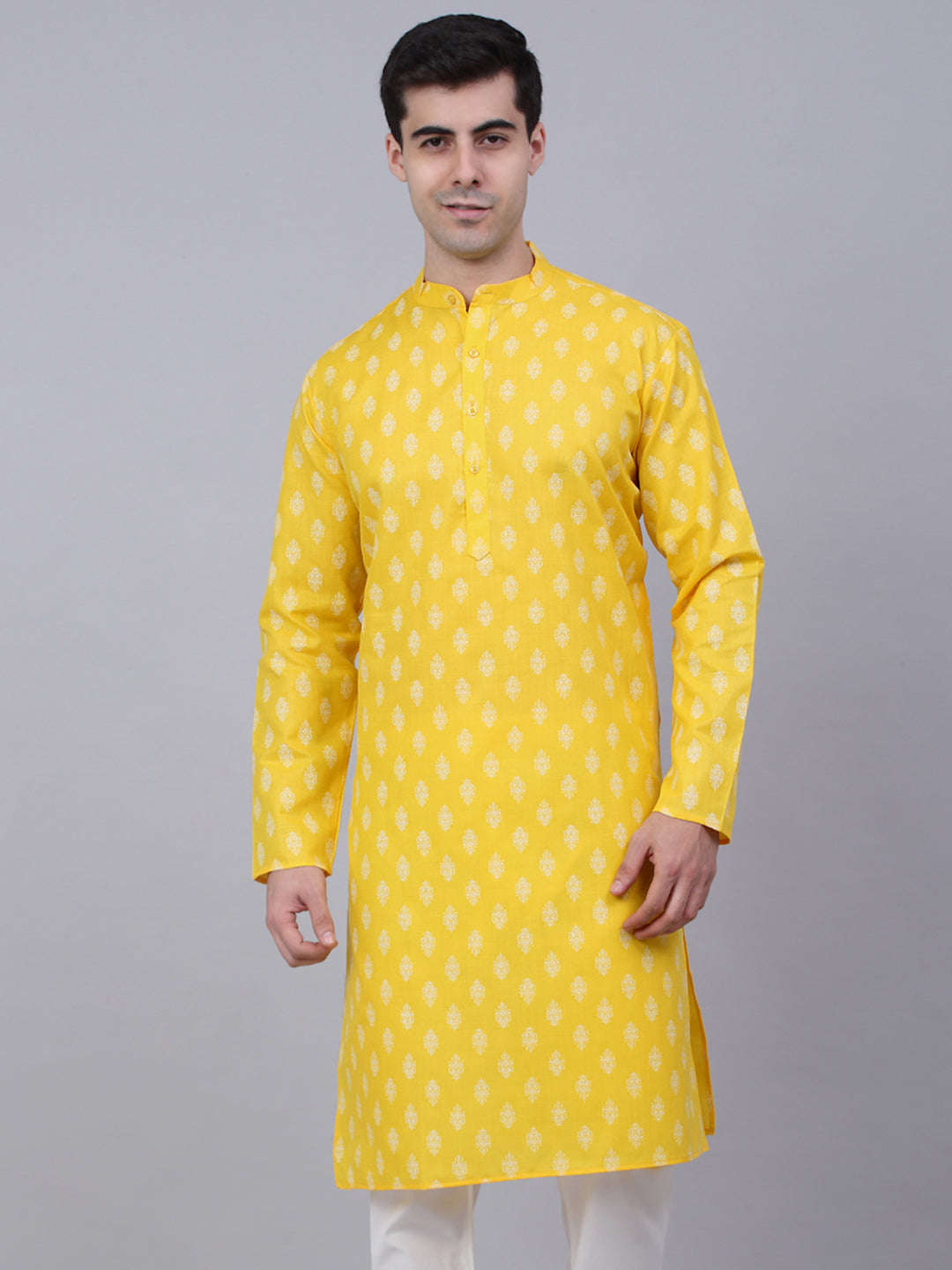 Jompers Men's Cotton Floral printed Kurta - Lemon - Distacart