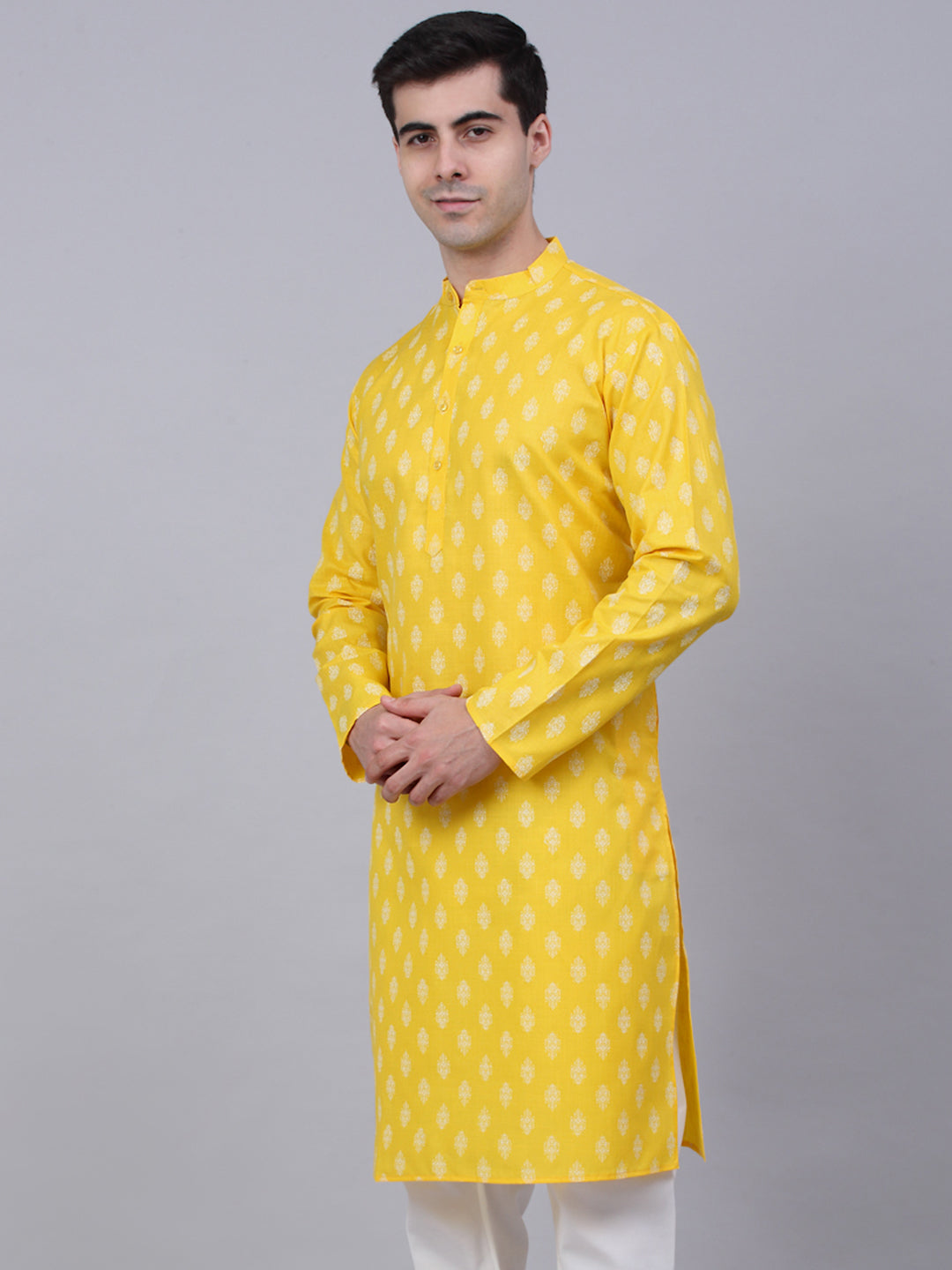 Jompers Men's Cotton Floral printed Kurta - Lemon - Distacart